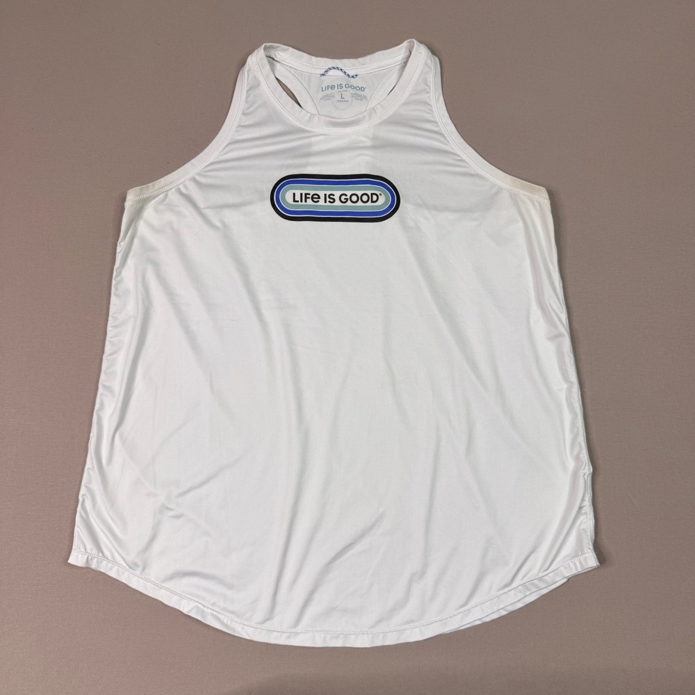 Life is Good Active Womens Large White Racerback Tank Top Logo Graphic Top